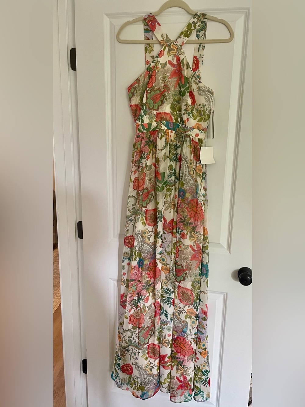 Lulu's Cream Floral Halter Maxi Dress with Coral & Green Accents